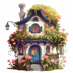 Poster - Generative AI A fairytale abode featuring a vibrant rooftop garden and quaint window boxes.