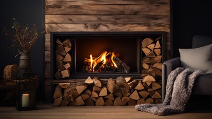 Decorative fireplace with stacked wood in cozy living room interior