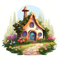 Poster - Generative AI A picturesque small house with a colorful flower bed and a winding stone pathway.