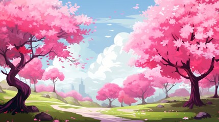 Poster - Generative AI A serene cherry blossom garden in full bloom. vector cartoon graphic