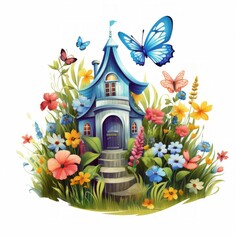 Poster - Generative AI A whimsical cottage surrounded by tall grass, wildflowers, and fluttering butterflies.