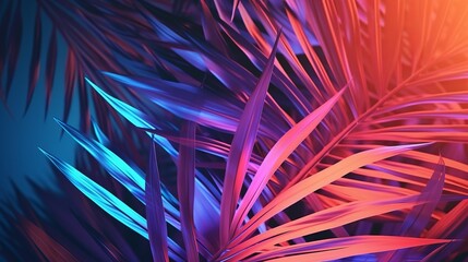 Wall Mural - Tropical and palm leaves in vibrant bold gradient holographic colors. Concept art. Minimal surrealism