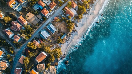 Poster - Generative AI Aerial view of a coastal cottage village, beachfront homes, sandy shore, blue waters, vibrant rooftops, detailed and scenic depiction