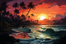 A Painting Of A Sunset Over A Beach With Palm Trees And Waves