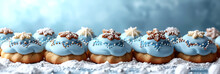 Cookies Decorated With Icing In A Vintage Quilt Pattern In Shades Of Blue And White. Christmas Cookies Background. Banner.
