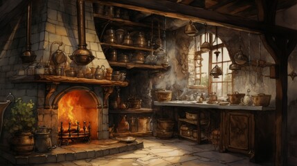 Poster - Generative AI Atmospheric watercolors depicting a rustic kitchen with loose linework details, showcasing maple syrup as a key ingredient in recipes