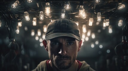 Poster - Generative AI Close-up of a builder working on electrical wiring, attention to detail, construction site backdrop with wires visible