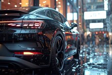 A black car with sleek automotive design is parked in the rain in front of a building, its tires glistening on the wet pavement