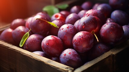 Poster - Close-up realistic photo capturing a box filled with ripe plums Generative AI