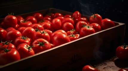 Poster - Close-up realistic photo capturing a box filled with juicy red tomatoes Generative AI