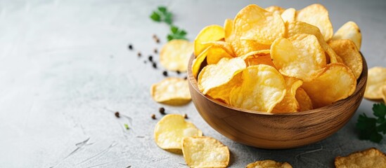 Poster - Bowl of home made potato chips and raw potato. with copy space image. Place for adding text or design