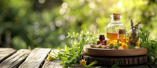 Poster - Medicinal herbs and tinctures alternative medicine Selective focus Nature. with copy space image. Place for adding text or design
