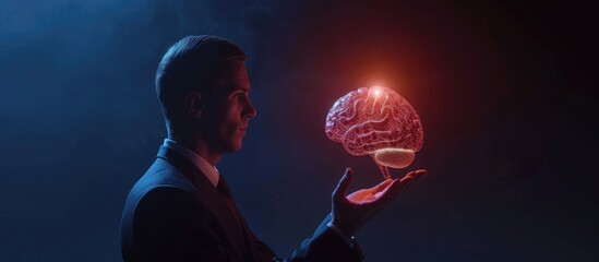 Poster - Businessman holding digital human brain with cell and neurons activity 3D rendering. with copy space image. Place for adding text or design