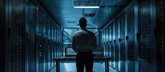 Poster - Rear view of anonymous man doing cyber crime with data center while sitting in front of computer. with copy space image. Place for adding text or design