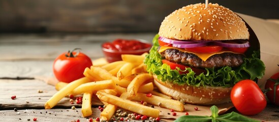 Poster - Big hamburger French fries and vegetables. with copy space image. Place for adding text or design