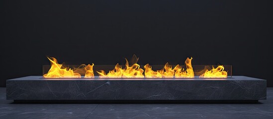 Poster - Close up of an outdoor fireplace with a big yellow flame and black background. with copy space image. Place for adding text or design