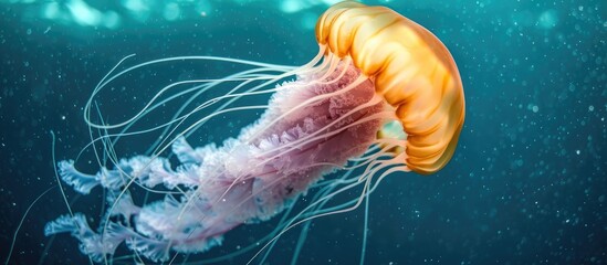 Poster - Lion s Mane jellyfish drifting underwater in the gulf of st Lawrence. with copy space image. Place for adding text or design