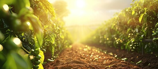 Aufkleber - Pepper bushes grow in rows in open ground Harvest ripening Organic farming Agriculture. with copy space image. Place for adding text or design