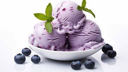 Poster - Close-up realistic photo featuring three scoops of luscious blueberry ice cream on a white background Generative AI