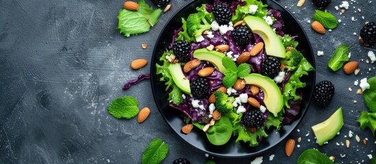 Wall Mural - Blackberry salad with greens almond nuts feta avocado and feta cheese. with copy space image. Place for adding text or design