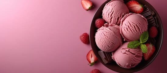 Poster - Frozen ice cream close up photo with chocolate cream strawberry. with copy space image. Place for adding text or design