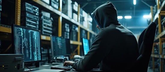 Aufkleber - Internet criminal hacking computer network system and running ransomware code on screen Man in hood breaking law while getting illegal access into database server in dark warehouse