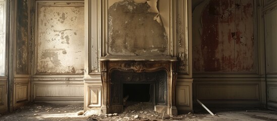 Aufkleber - Old fireplace in abandoned mansion. with copy space image. Place for adding text or design