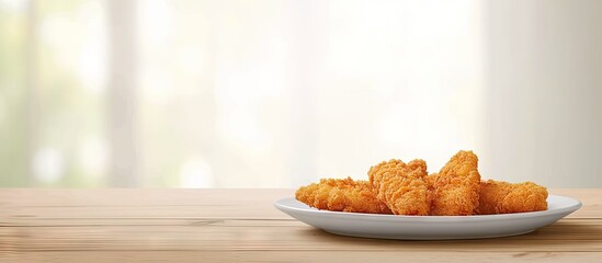 Poster - Delicious crispy fried breaded chicken breast strips on restaurant table. with copy space image. Place for adding text or design