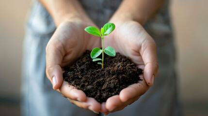 Poster - Hands cradle a small green sapling with vibrant leaves and rich soil, symbolizing environmental care, growth, and sustainability.