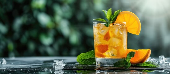 Fototapete - Fresh cocktail with orange mint and ice selective focus. with copy space image. Place for adding text or design