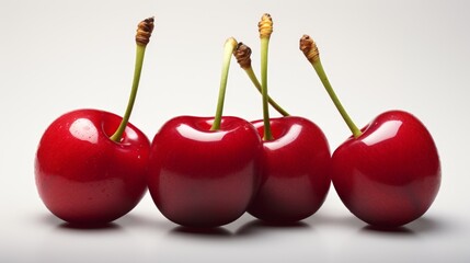 Poster - Close-up realistic photo showcasing three sweet, ripe red cherries on a white background Generative AI