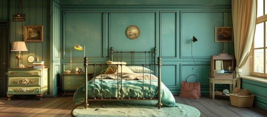 Poster - Vintage style kids bedroom with designer furniture. with copy space image. Place for adding text or design