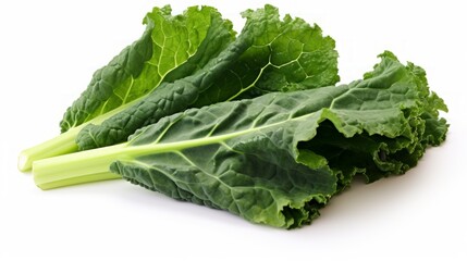 Poster - Close-up realistic photo showcasing three vibrant green kale leaves on a white background Generative AI