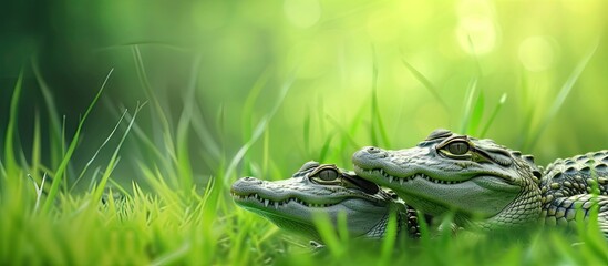Poster - Cute Crocodiles Babies bask on Green Grass near Water. with copy space image. Place for adding text or design
