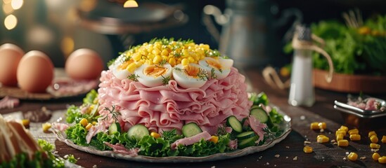 Aufkleber - Festive salad with ham cucumber boiled eggs sweet corn and mayonnaise on rustic. with copy space image. Place for adding text or design