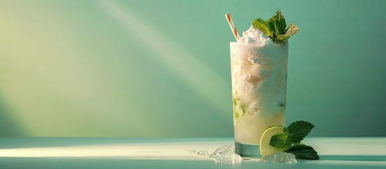 Poster - Tropical Caribbean cocktail mojito with coconut cream and hard seltzer. with copy space image. Place for adding text or design