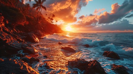 Poster - Generative AI Coastal panorama, drone's eye view, sun dipping, tranquil lagoons, realistic sunset scene in French Polynesia -