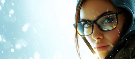 Poster - female hacker staring at the screen smiling sitting in front of computer and laptop thinking how to fraud. with copy space image. Place for adding text or design