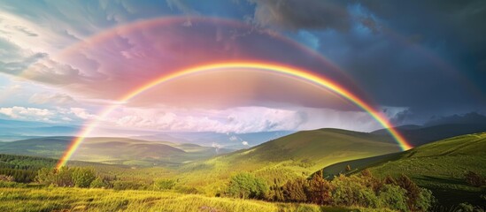 Poster - Double rainbow on a gray sky after rain A rare atmospheric phenomenon after a storm Beautiful hilly landscape with a real rainbow after rain on a summer day. with copy space image