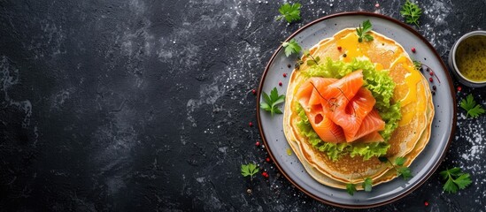 Aufkleber - Mini blini pancakes with soft cheese cold smoked salmon and guacamole. with copy space image. Place for adding text or design