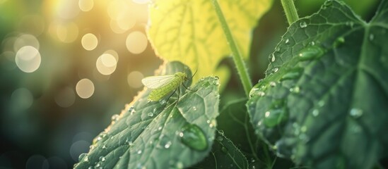 Poster - Garden pests White flies on the leaves of the cucumber plant Greenhouse whitefly Trialeurodes vaporariorum a primary insect pest of many fruit vegetable and ornamental crops. with copy space image