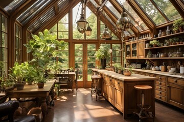 Wall Mural - Sunlit Greenhouse-Inspired Kitchen Ideas with Leather Seat Bar Stools