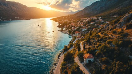 Wall Mural - Generative AI Curving coastline, drone's aerial view, painted sky, tranquil waters, hyper-realistic sunset over Boka Kotor Bay