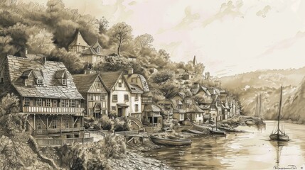 Poster - Generative AI Elevated view of a riverside cottage town, charming houses, riverside promenade, scenic landscape, detailed linework
