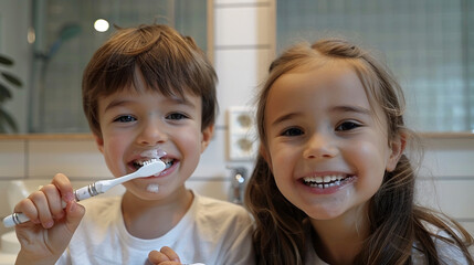 Little girl and boy brushing teeth.