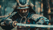Samurai In Full Armor Sword Drawn Eyes Focused Close Up Capturing The Essence Of The Warrior Spirit