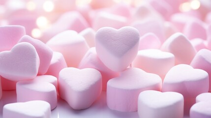 Aufkleber - Marshmallows in pastel pink, heart-shaped, arranged on a white background, soft lighting, sweet and romantic ambiance Generative AI