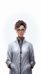 Poster - Generative AI Middle-aged female scientist in a lab, wearing protective gear, subtle smile, in full stature against a white background