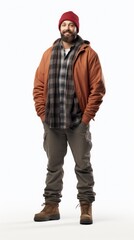 Poster - Generative AI Middle-aged male delivery person with packages, gentle smile, professional posture, in full growth against a plain white background