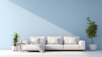 Poster - Generative AI Minimalistic setup highlighting a pastel sky-blue wall, unadorned wall space, a sleek white sectional sofa, and a small succulent.